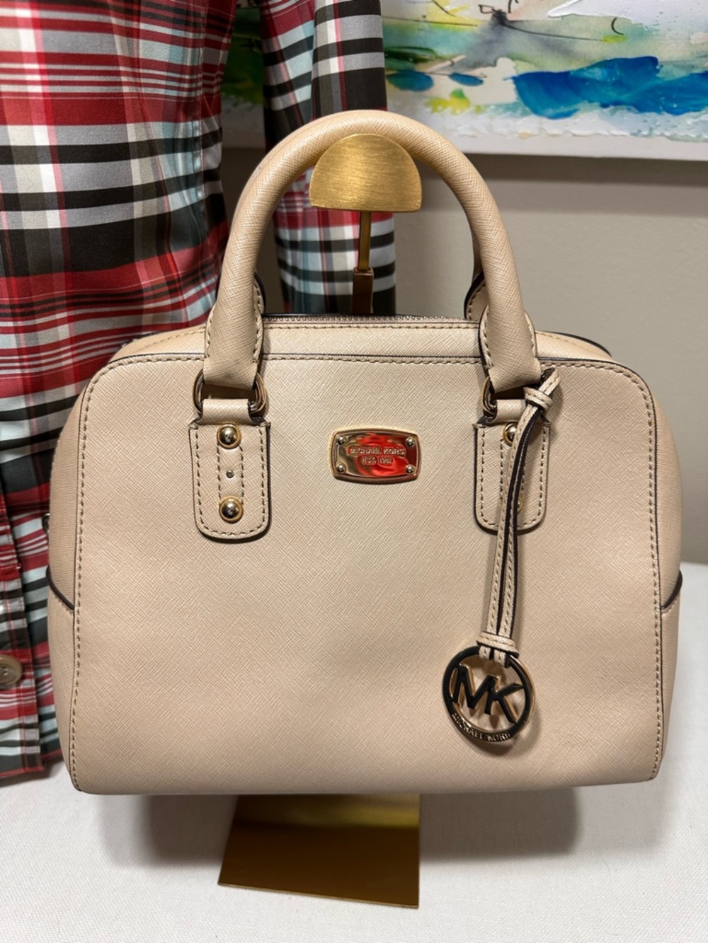 Michael Kors Beige Saffiano Leather Satchel with Gold Hardware